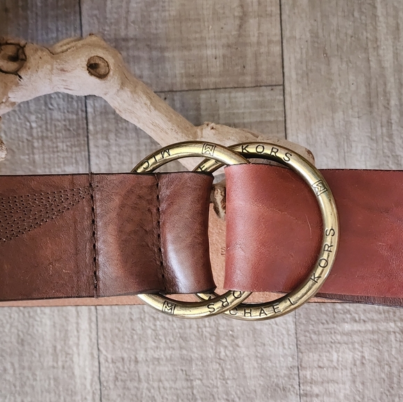 Michael Michael Kors Double Brass Ring Brown Leather Belt w/Decorative Stitching - Picture 8 of 15